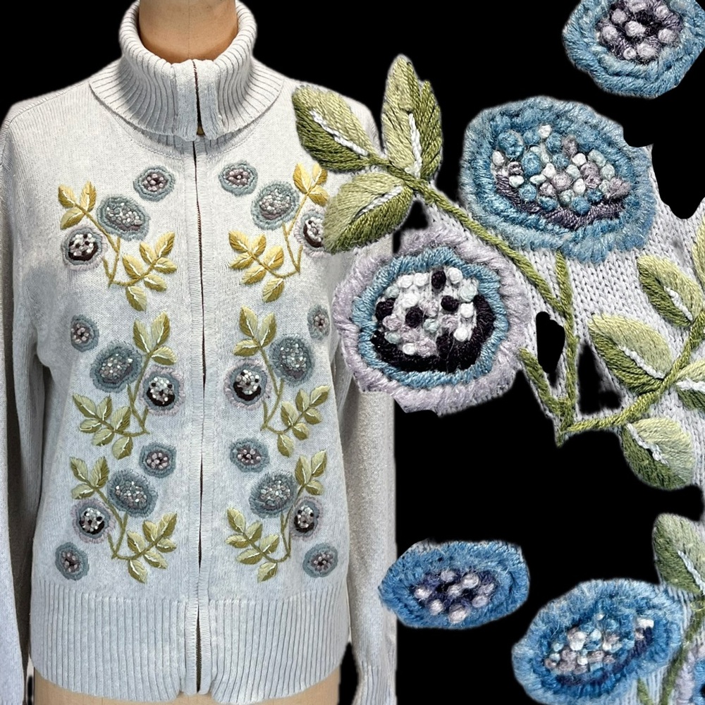 VINTAGE woodsy wildflower embroidery knit sweater cardigan shawl collar floral